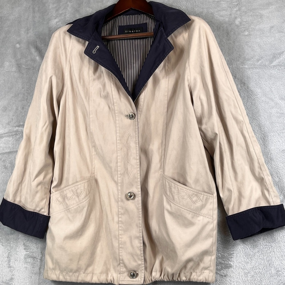 Braetan Womens M Raincoat Detachable Hood Tan Navy Super Soft Lightweight Jacket